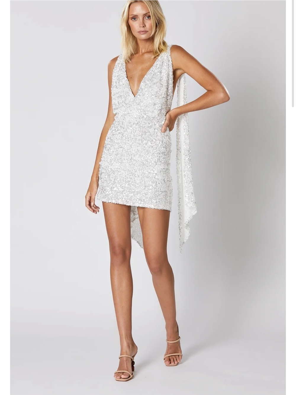 Winona Elodie backless Sequin V-Neck Mini Dress in White- perfect for brides!